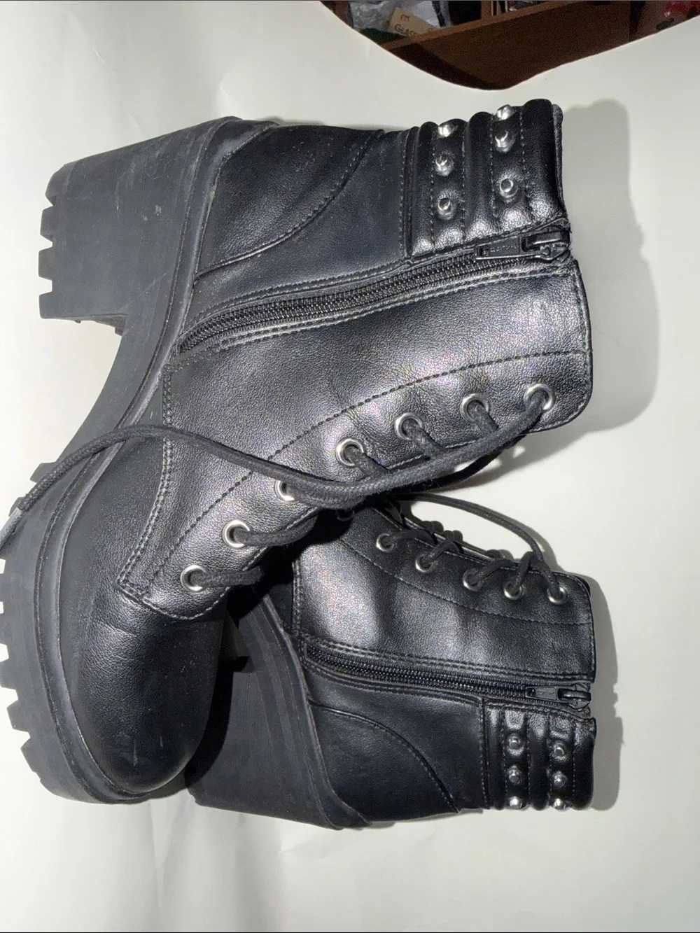 No Boundaries Black Lace-Up Studded Chunky Heel Combat Boots - Picture 6 of 8